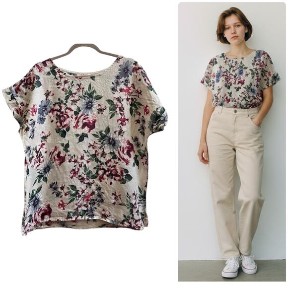 Bella Umbra Multicolor Floral Print Linen Top Blouse Size Medium Italy - Picture 1 of 8